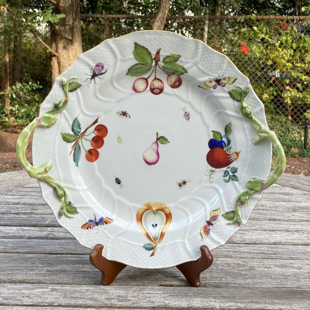 💯Authentic HEREND MARKET GARDEN Chop Plate w/Handles - 12.25"